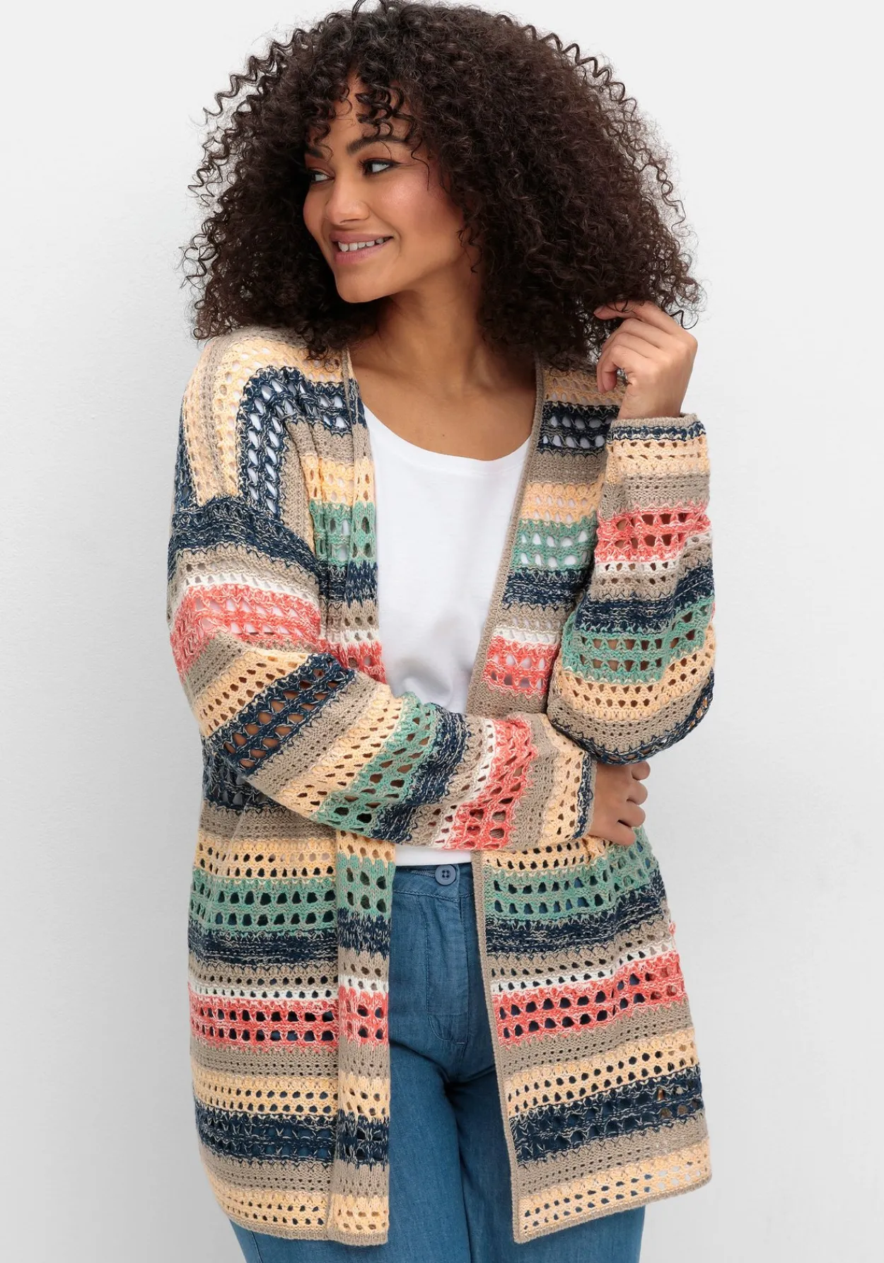 Ajour-Strickjacke mit Blockstreifen, in offener Form<sheego Fashion