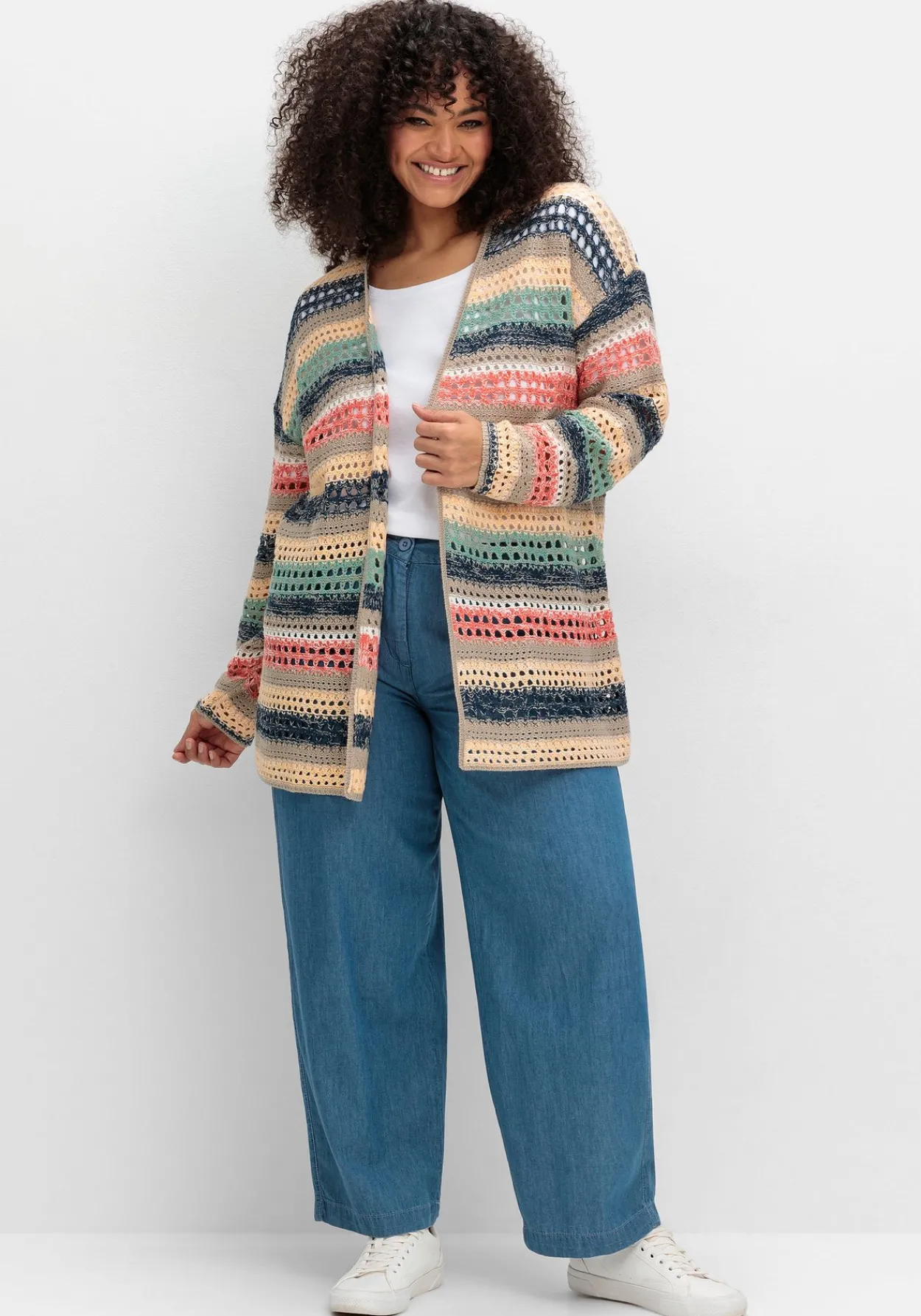 Ajour-Strickjacke mit Blockstreifen, in offener Form<sheego Fashion