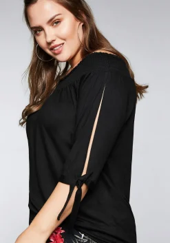 Carmenshirt mit Smokeinsatz und längerem Halbarm<sheego Outlet