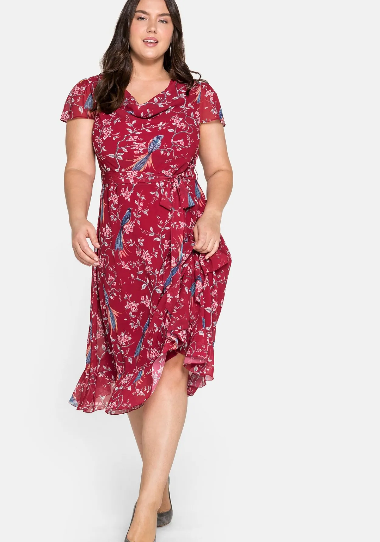Chiffonkleid mit Blumenprint und Wasserfallkragen<sheego by Joe Browns Sale