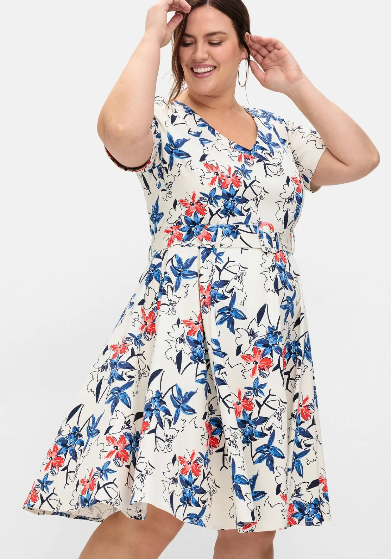 Cocktailkleid mit Blumenprint und Stoffgürtel<sheego Best