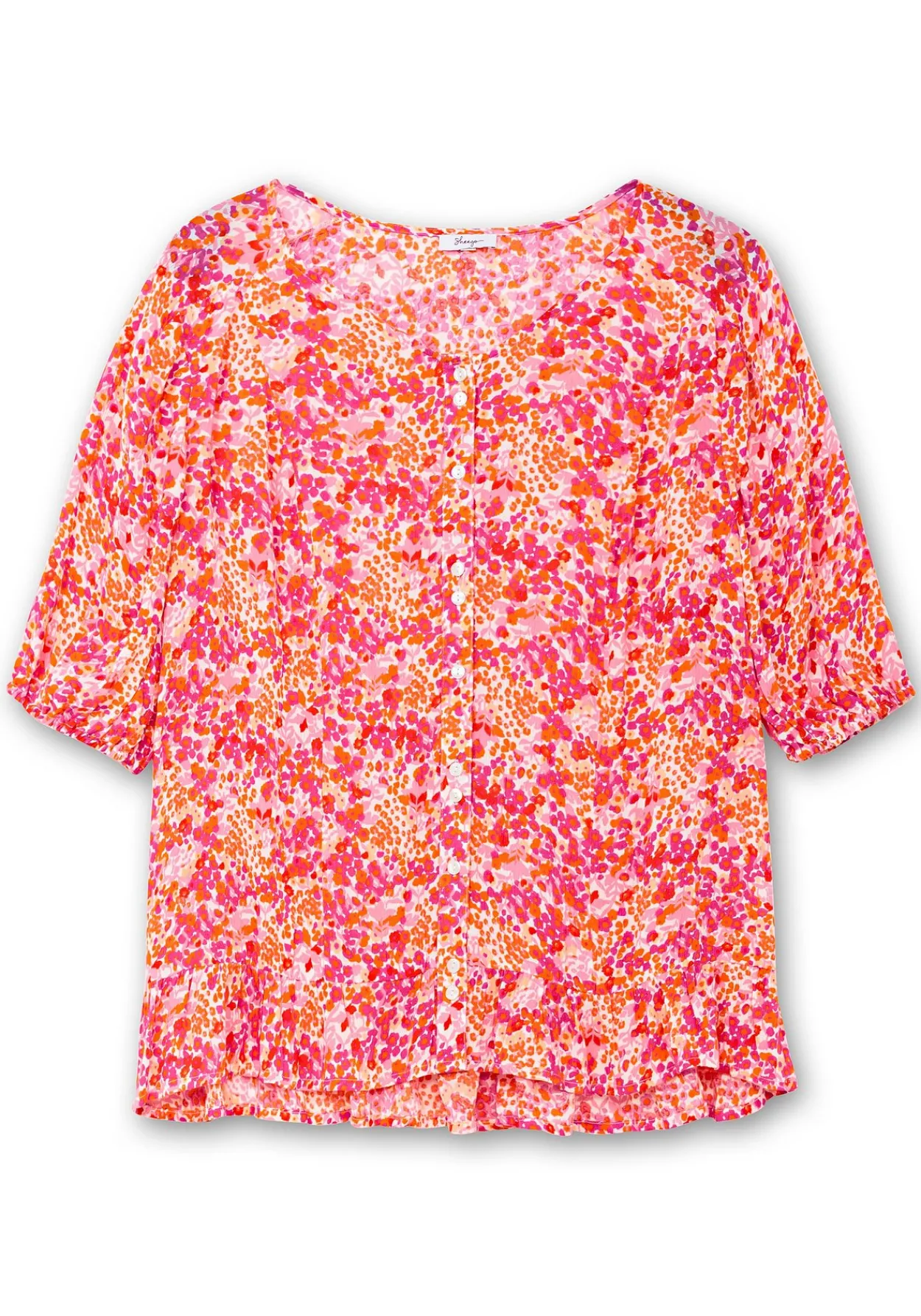 Crêpe-Bluse mit Blumendruck und Volant am Saum<sheego Fashion