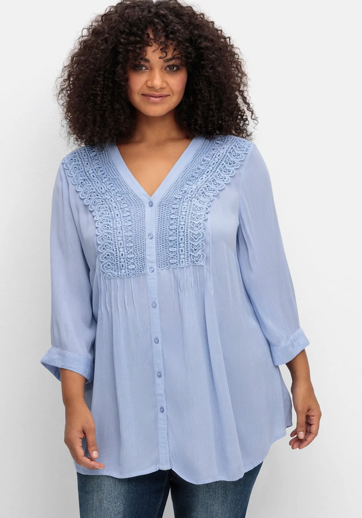 Crêpebluse mit Häkelspitze und Biesen<sheego by Joe Browns Outlet