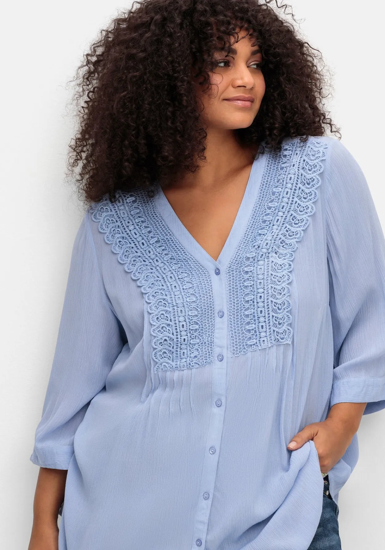 Crêpebluse mit Häkelspitze und Biesen<sheego by Joe Browns Outlet