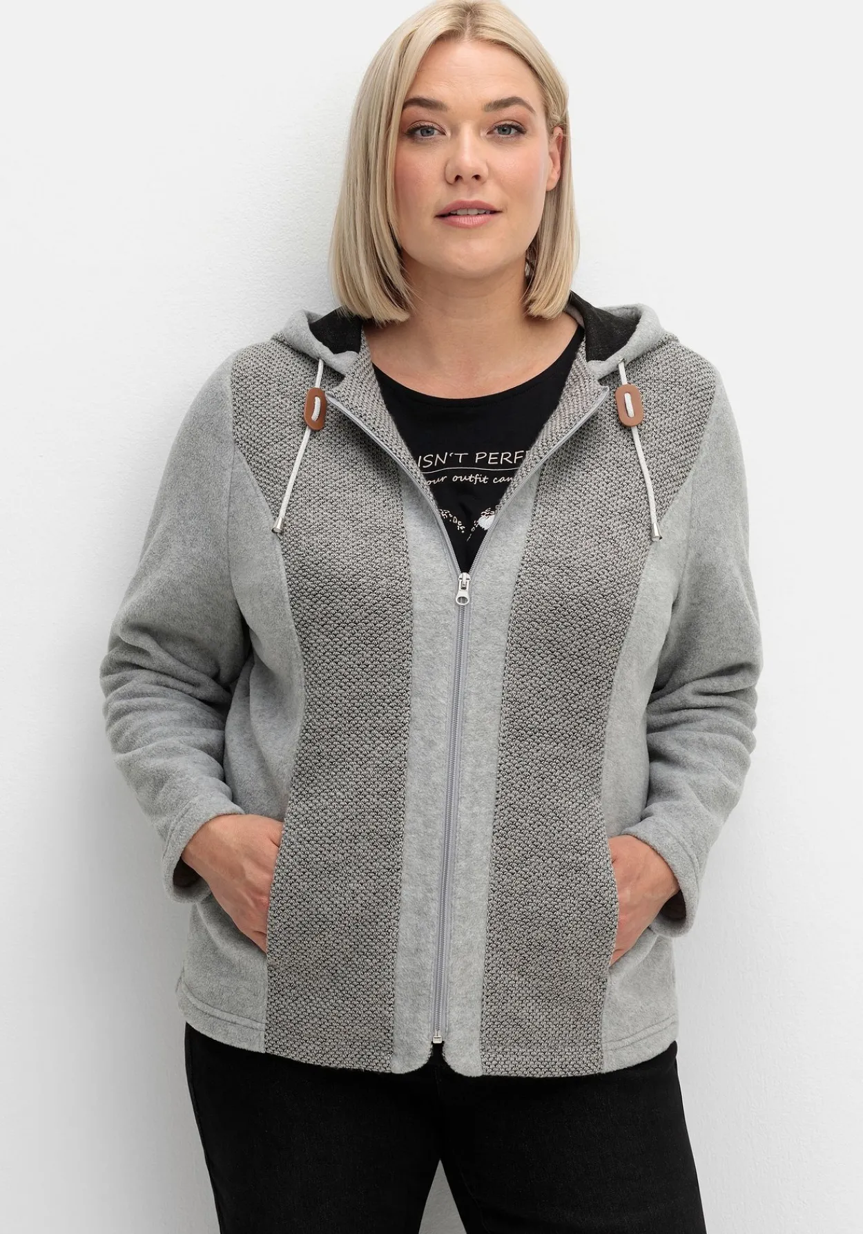Fleecejacke mit Kapuze und Strick-Einsätzen<sheego Sale
