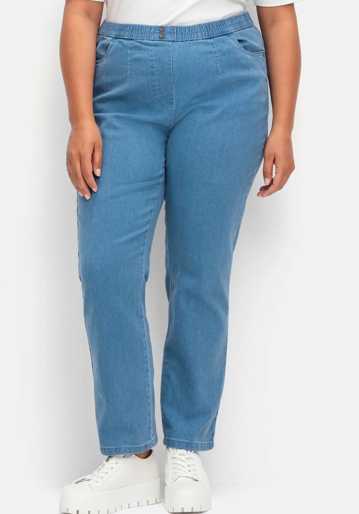 Gerade Jeans mit Smokbund und Used-Effekten<sheego Sale
