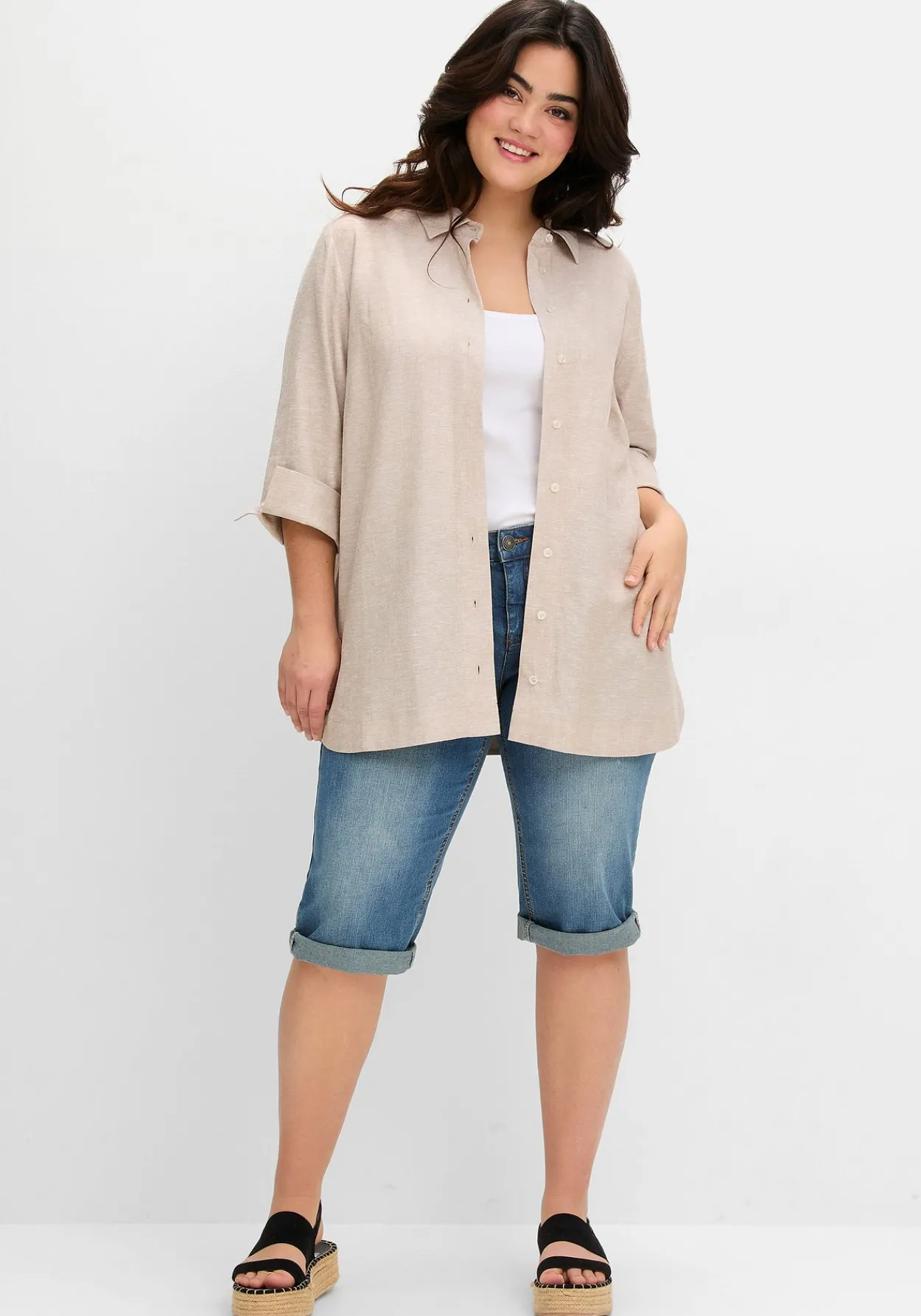 Hemdbluse im Leinen-Mix, mit feinen Streifen<sheego Discount