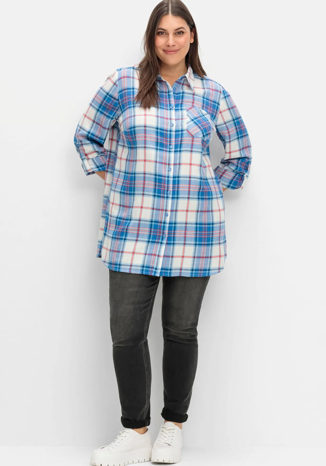 Karierte Longbluse mit Krempelfunktion<sheego New