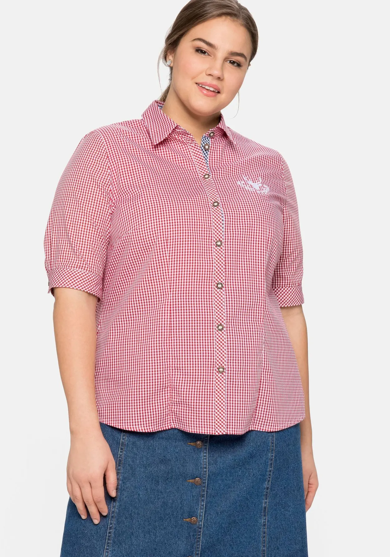 Karierte Trachtenbluse mit Stickereien<sheego Fashion