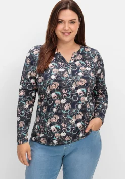 Langarmshirt mit Alloverprint und kurzer Knopfleiste<sheego New