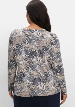 Langarmshirt mit Blätterprint und Faltendetail vorn<sheego Discount