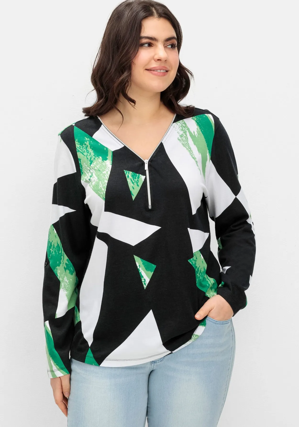 Langarmshirt mit Grafikprint und Reißverschluss<sheego New