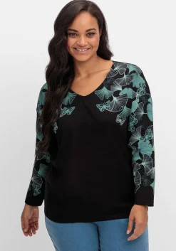 Langarmshirt mit V-Ausschnitt und Blätterdruck<sheego Fashion