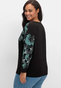 Langarmshirt mit V-Ausschnitt und Blätterdruck<sheego Fashion