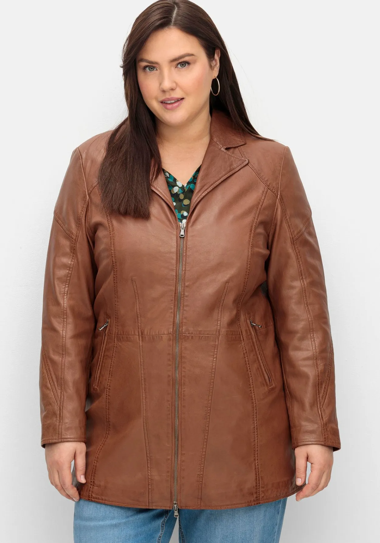 Lange Lederjacke aus Lammnappa, mit Reverskragen<sheego Fashion