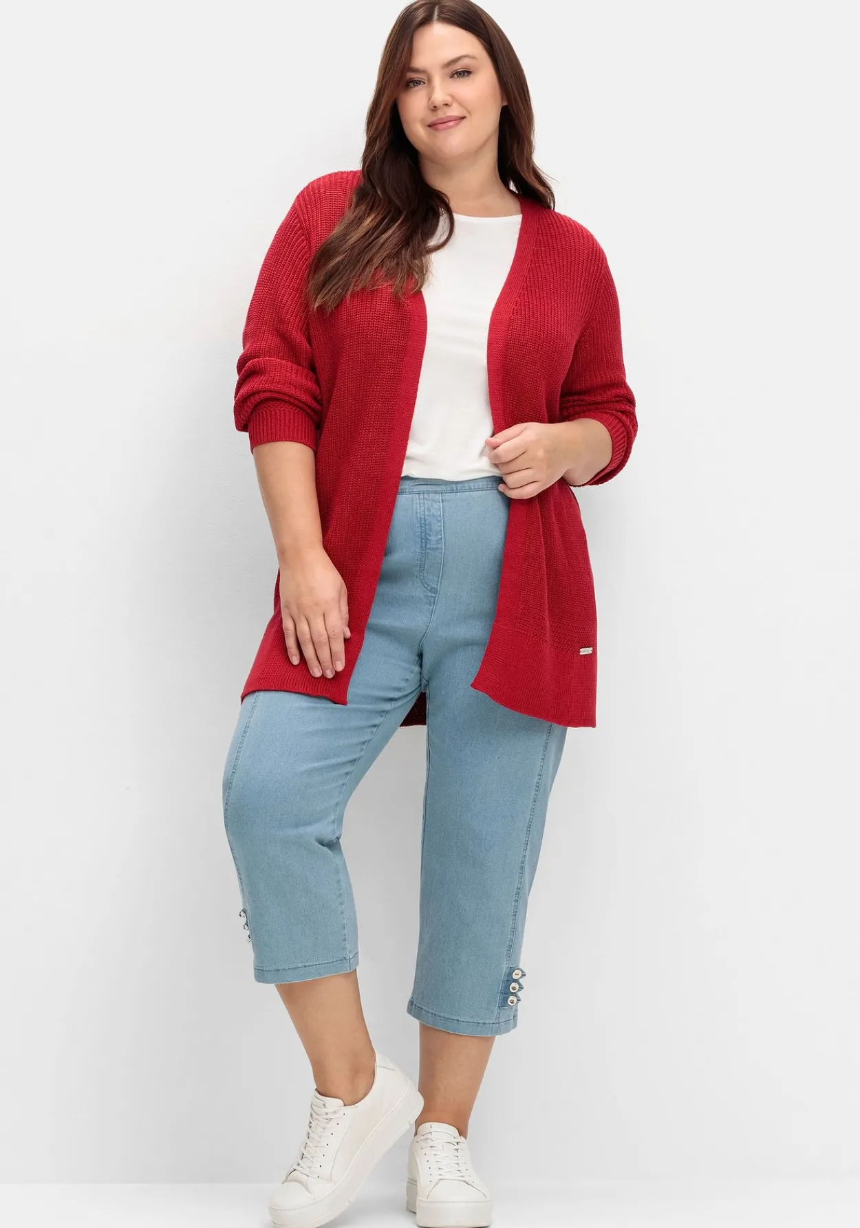 Lange Strickjacke in Grobstrick-Optik, offene Form<sheego x Collection L. Hot