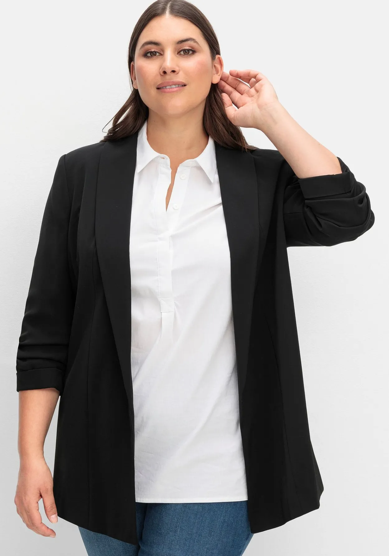 Langer Blazer mit Schalkragen und gerafftem 3/4-Arm<sheego Clearance
