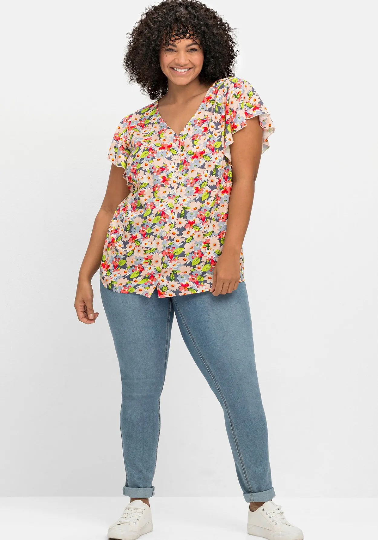 Leicht taillierte Bluse mit kurzen Volantärmeln<sheego by Joe Browns Online
