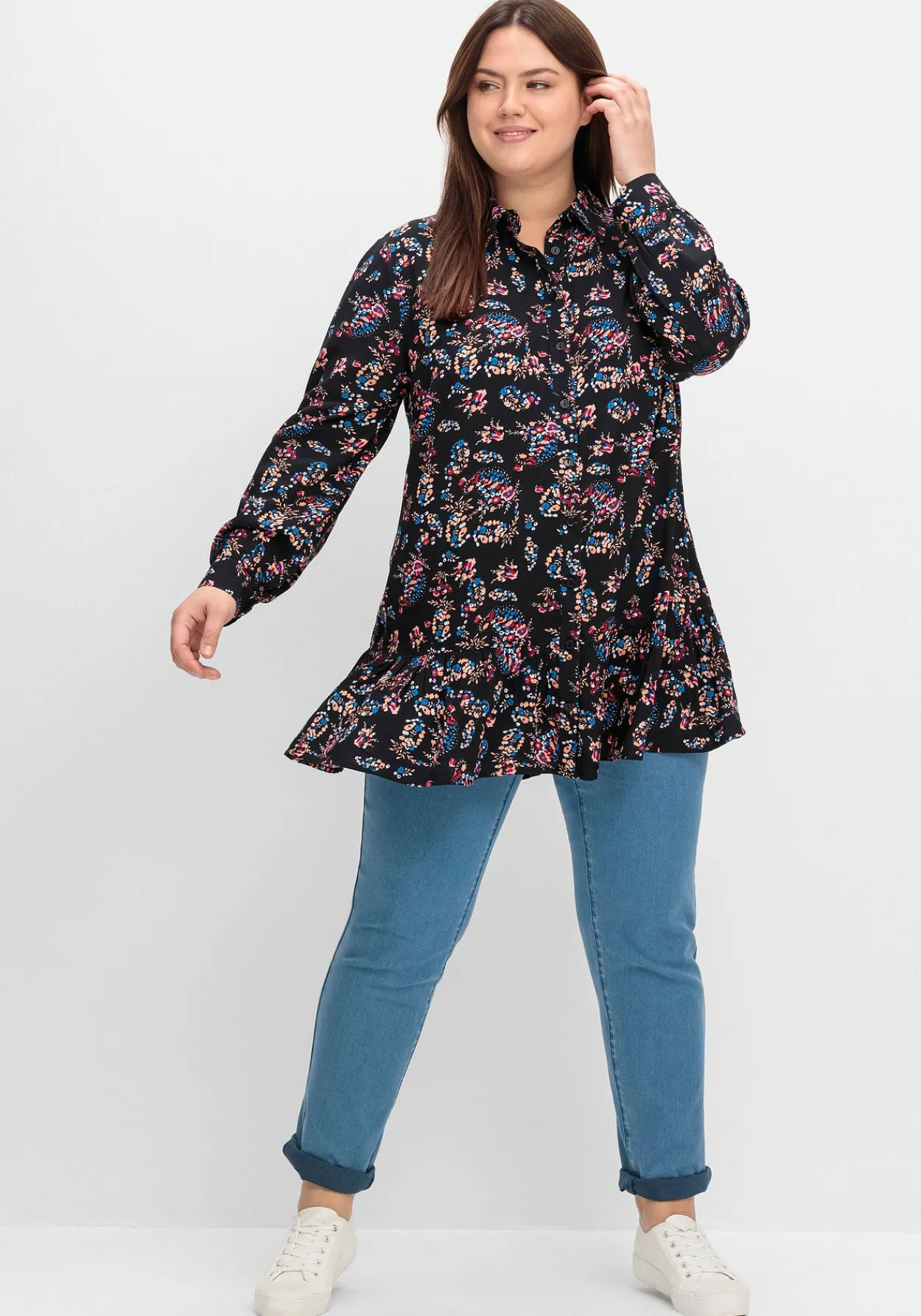 Longbluse mit Blumenprint und Volant am Saum<sheego by Joe Browns Best