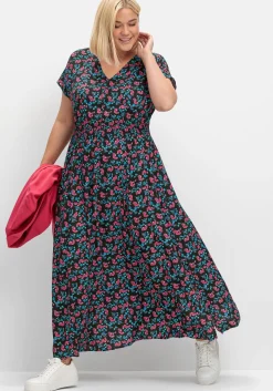 Maxikleid mit Alloverdruck und gesmokter Taille<sheego Online