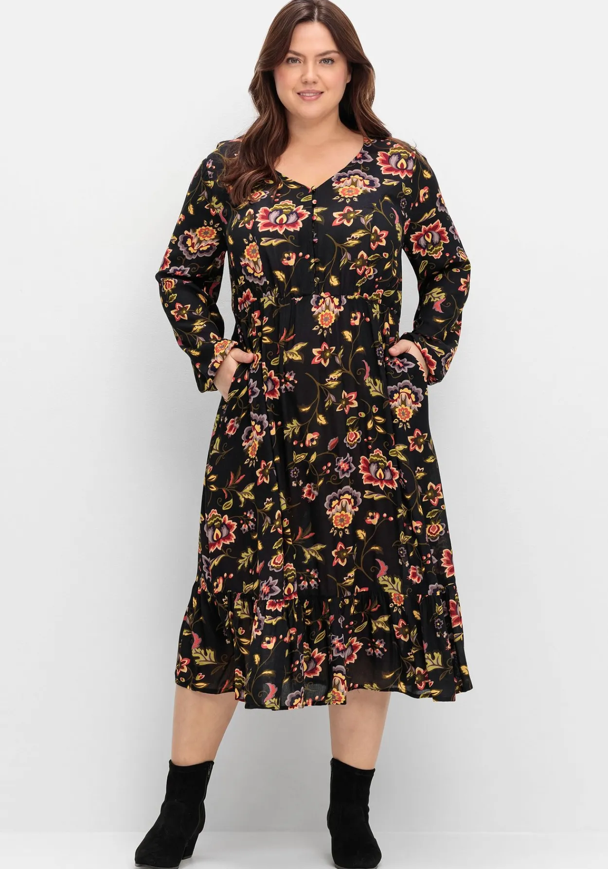 Midikleid mit Blumendruck und Volant am Saum<sheego by Joe Browns Best