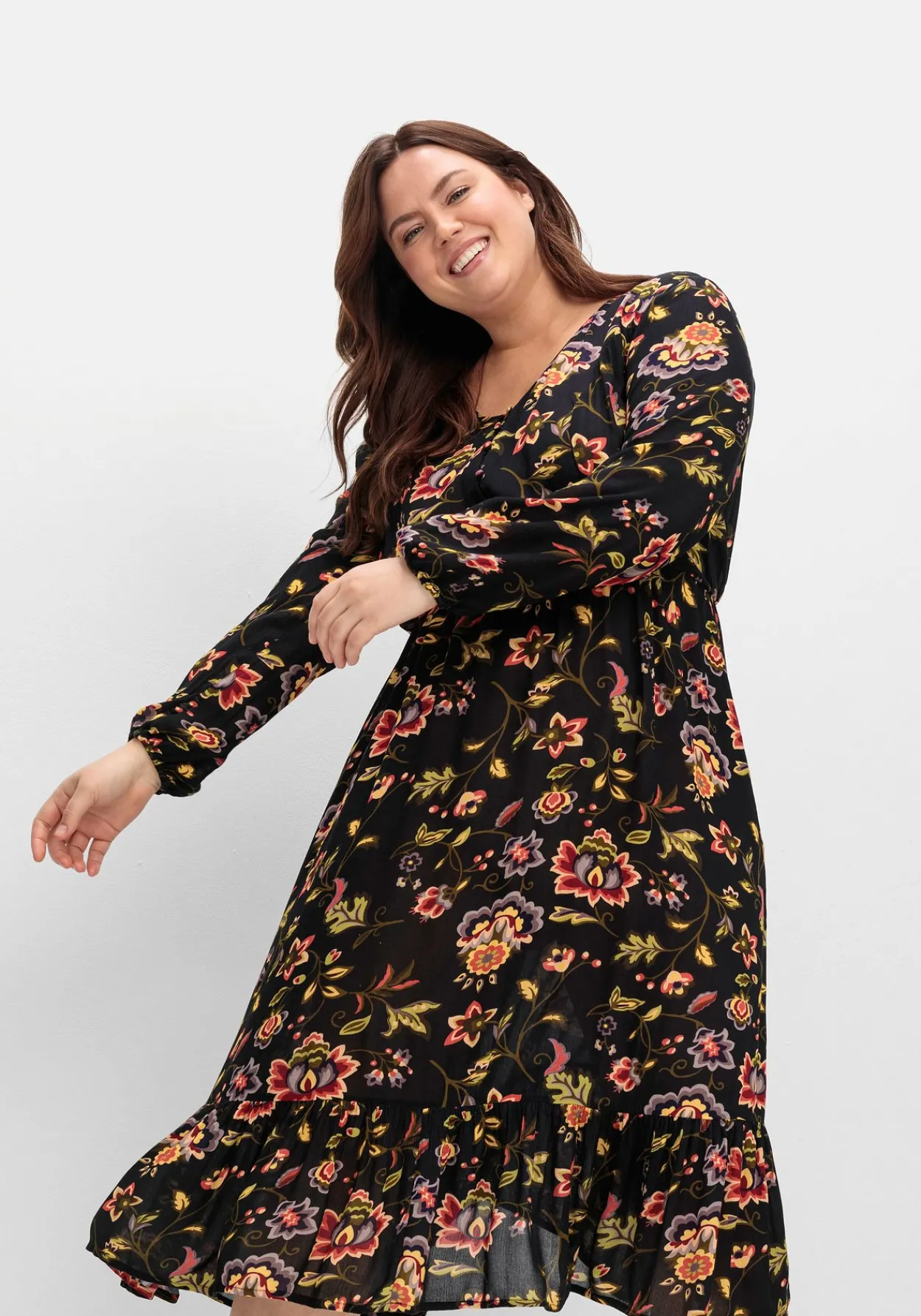 Midikleid mit Blumendruck und Volant am Saum<sheego by Joe Browns Best