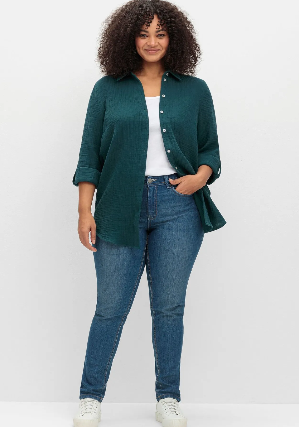 Musselin-Bluse mit Hemdkragen und Krempelärmeln<sheego Outlet