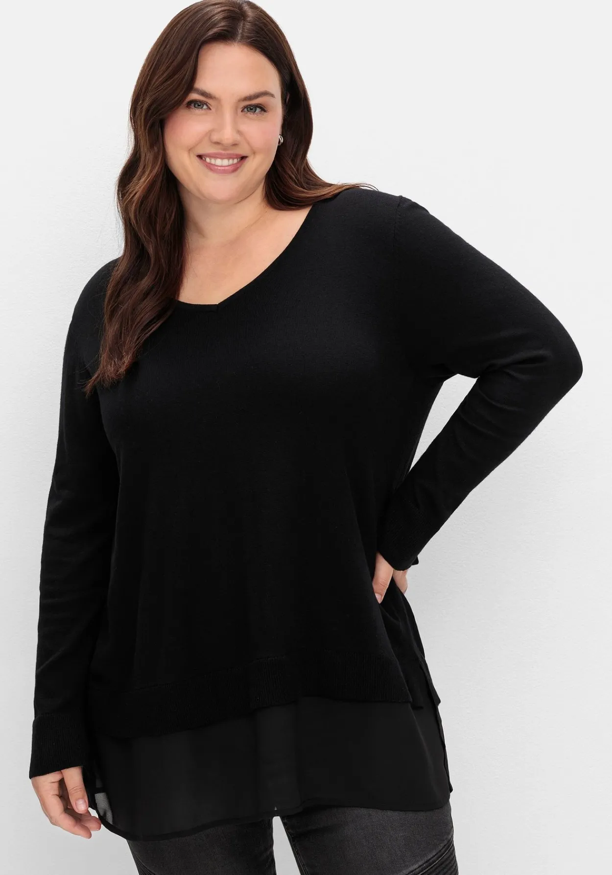 Pullover in A-Linie, mit Chiffonbesatz am Saum<sheego Sale