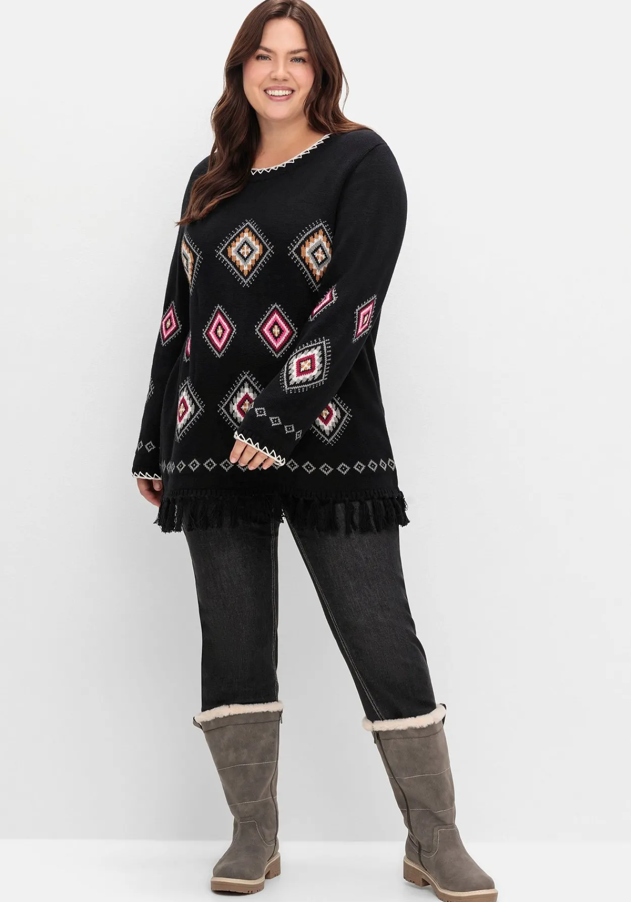 Pullover mit Ethnomuster und Fransen<sheego Discount