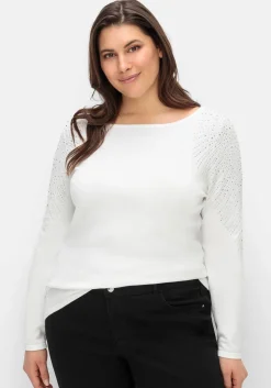 Pullover mit U-Boot-Ausschnitt und Glitzersteinen<CREATION L PREMIUM Hot