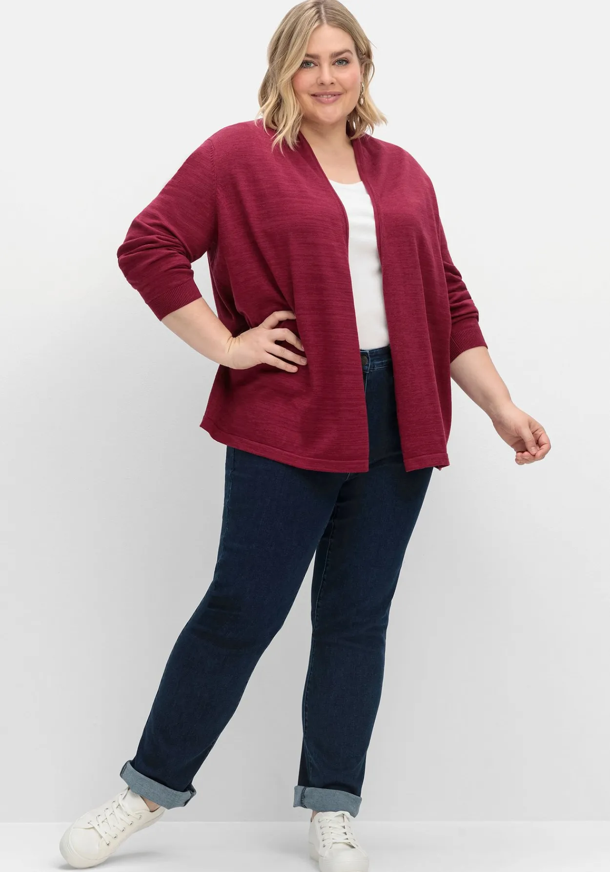 Strickjacke mit schmalem Schalkragen, offene Form<sheego Discount