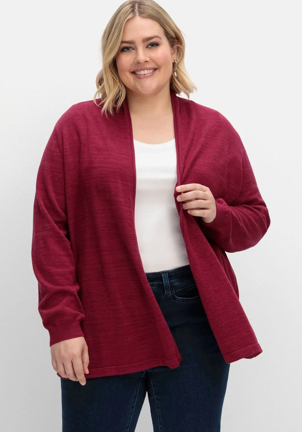Strickjacke mit schmalem Schalkragen, offene Form<sheego Discount