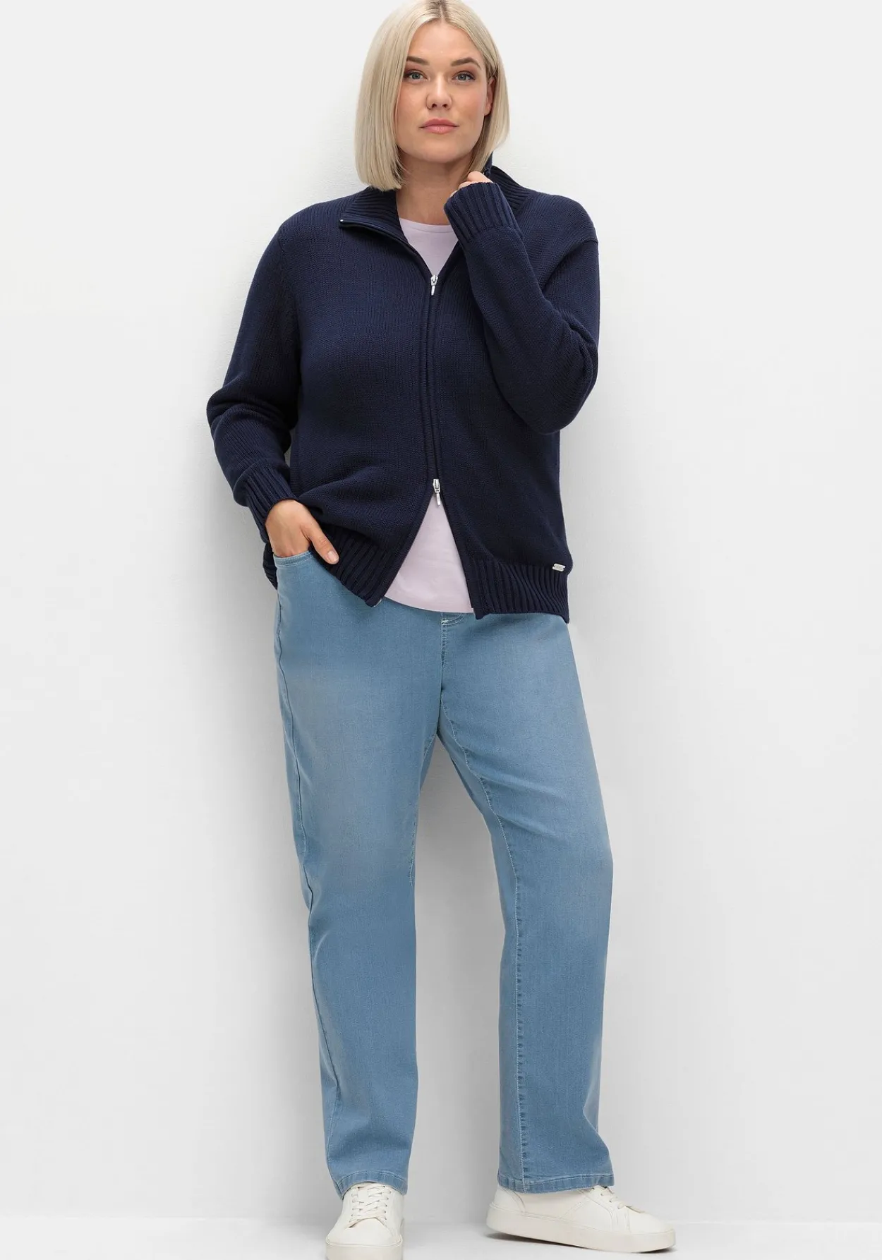 Strickjacke mit Troyerkragen und 2-Wege-Zipper<sheego Outlet