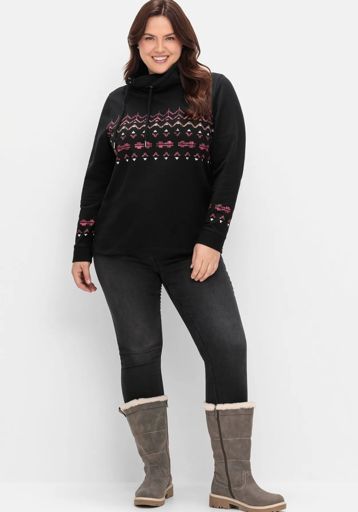 Sweatshirt mit Norwegerprint und weitem Stehkragen<sheego Online