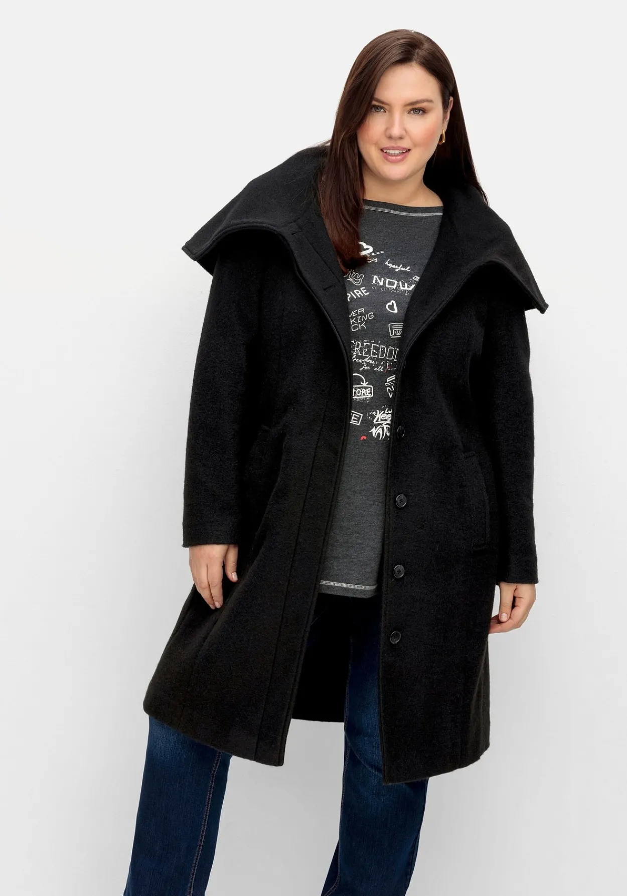 Taillierter Mantel mit großem Kragen und Wollanteil<sheego Clearance