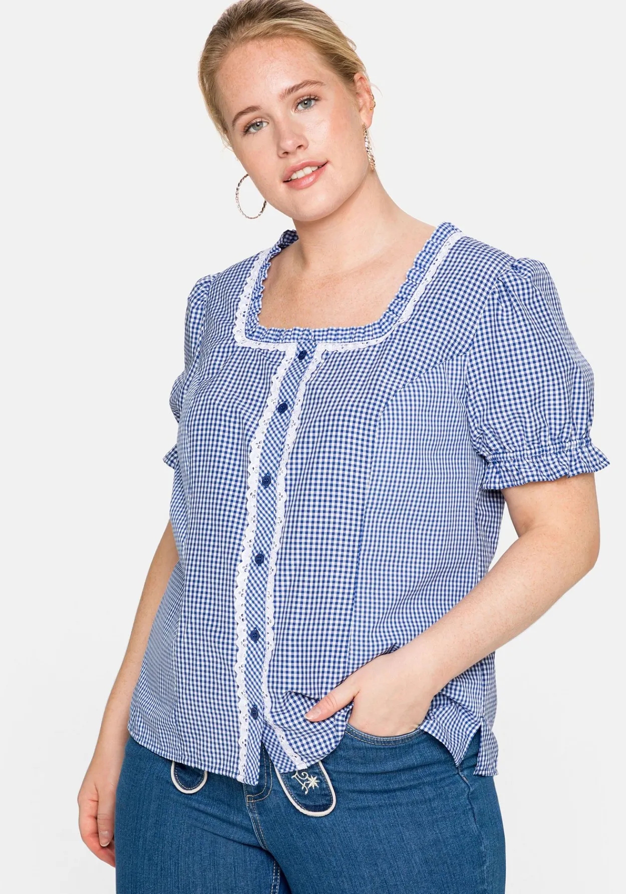 Trachtenbluse im Karo-Design, mit Spitzenbesatz<sheego Hot