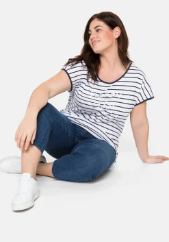 T-Shirt mit Ringeln und Statement-Foliendruck<sheego New