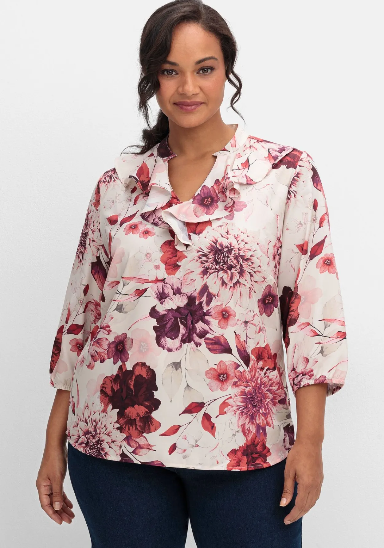 Tunika mit Volant am Ausschnitt und Blütenprint<sheego Sale